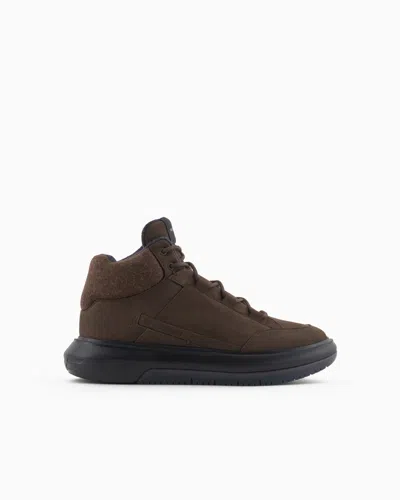 Emporio Armani Nubuck High-top Sneakers With Felt Detail In Brown
