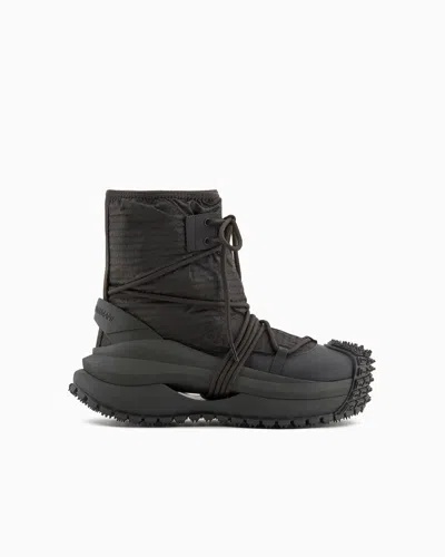 Emporio Armani Nylon Ankle Boots With Logo Lettering And Drawstring In Green
