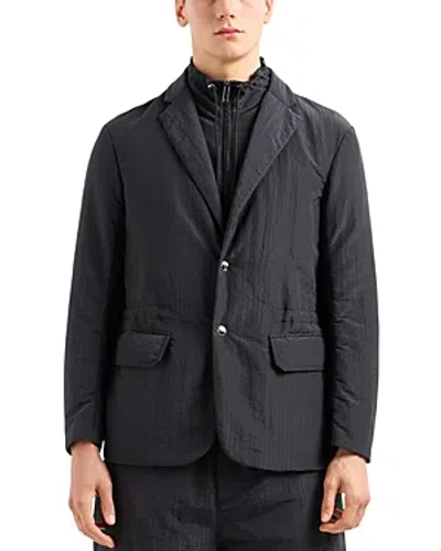 Emporio Armani Nylon Blend Seersucker Detachable Full Zip Bib Regular Fit Blazer In Solid Black