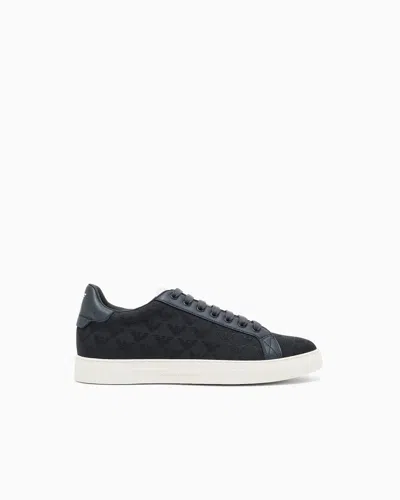 Emporio Armani Nylon Sneakers With Jacquard All-over Eagle In Blue