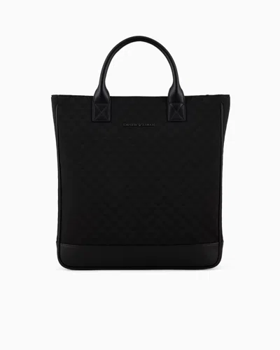 Emporio Armani Nylon Tote Bag With All-over Jacquard Eagle In Black