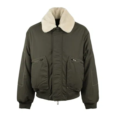 Emporio Armani Nylon Twill Bomber Jacket With Shearling Effect Collar In Green
