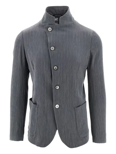 Emporio Armani Guru-collar Jacket With Off-centre Fastening In Bark-effect Armure Fabric In Gray