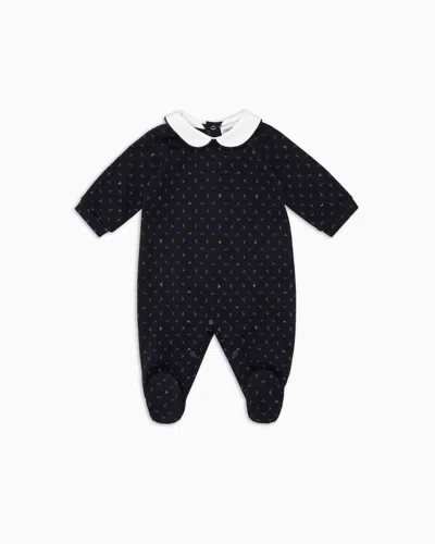 Emporio Armani Kids' Onesie With Peter Pan Collar And All-over Op-art Eagle In Blue