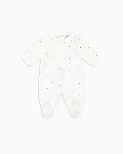 Emporio Armani Kids' Onesie With Peter Pan Collar And All-over Op-art Eagle In White
