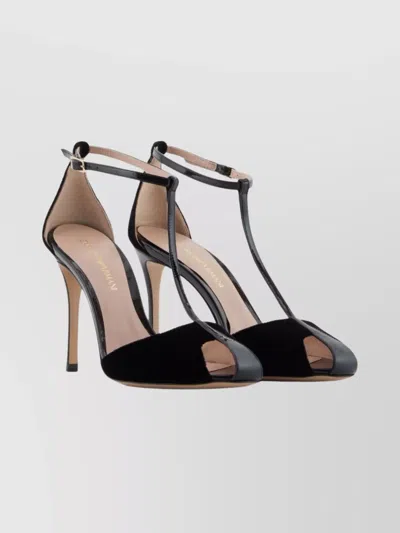 EMPORIO ARMANI OPEN TOE STILETTO T-BAR VELVET PUMPS