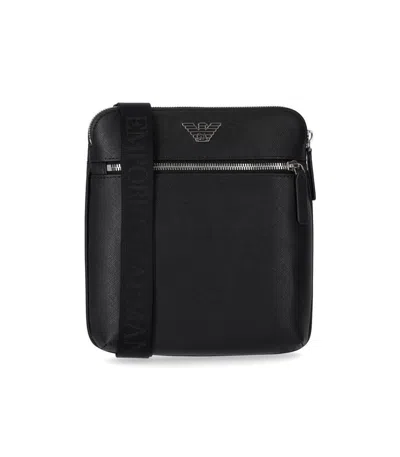 Emporio Armani Asv Regenerated Saffiano Leather Flat Shoulder Bag With Eagle Plate In Black