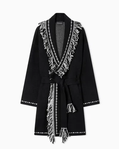 Emporio Armani Oversized Cardigan With Fringed Edges And Jacquard Motif In Black