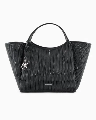Emporio Armani Oversized Interwoven Shopper Bag With Logo Charm In Black