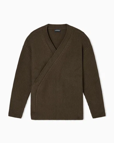 Emporio Armani Oversized Wool Cardigan With A Cache-coeur Closure In Brown