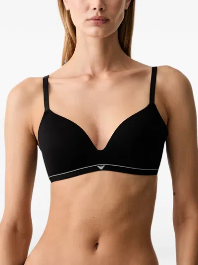 Emporio Armani Padded Triangle Bra In Cotton Jersey With Logo Band In Black
