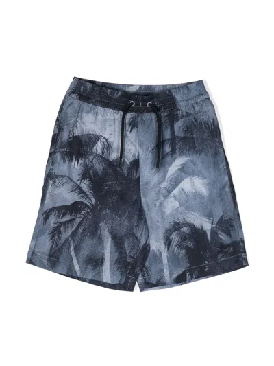 Emporio Armani Kids' Palm Tree-print Drawstring Shorts In 蓝色