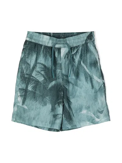 Emporio Armani Kids' Palm Tree-print Drawstring Shorts In 绿色