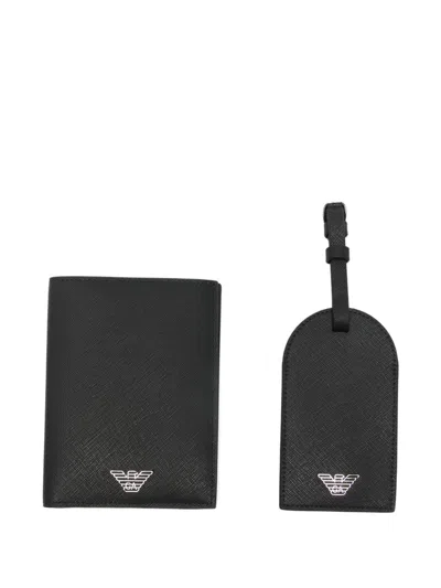 Emporio Armani Leather Passport Holder And Tag Set In Black