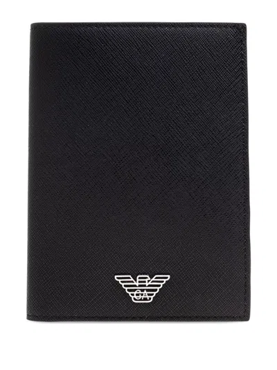 Emporio Armani Saffiano Leather Passport Holder In Black