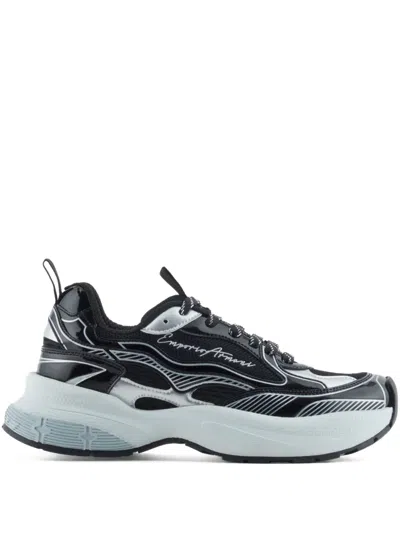 Emporio Armani Patent-leather Striped Sneakers In Black