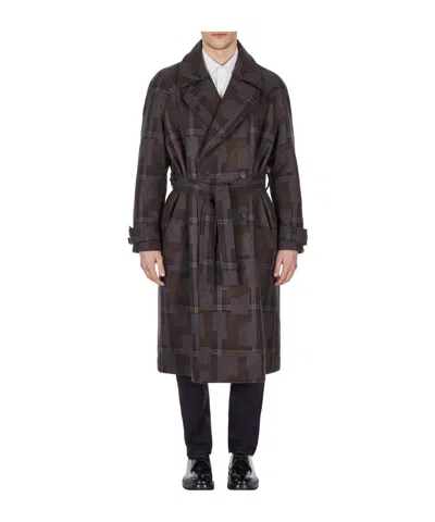 Emporio Armani Patterned Belted Trench Coat In Brown