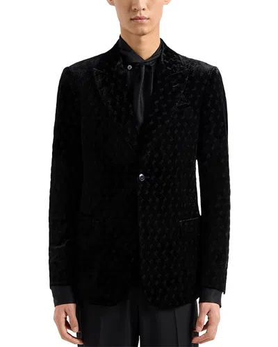 Emporio Armani Peak Lapel Embroidered Motif Velvet Sport Jacket In Solid Black