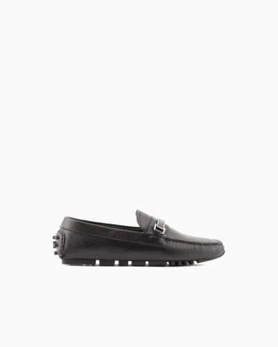 Emporio Armani Pebbled Leather Driving Loafers With Stirrup Bar In Brown
