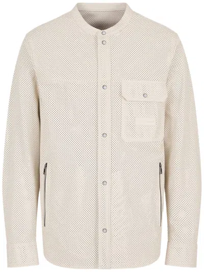 Emporio Armani Perforated Collarless Shirt In Tan