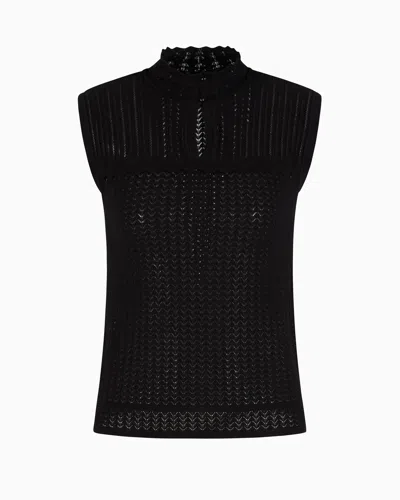 Emporio Armani Perforated Lace-stitch Mock-neck Top In Black