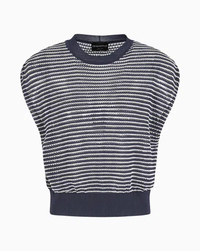 Emporio Armani Perforated Viscose-blend Short-sleeved Jumper In Blue