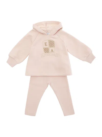 Emporio Armani Pink Tracksuit With Logo Print In Cotton Blend Baby