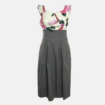 Pre-owned Emporio Armani Pink/grey Floral Print Satin And Wool Ruffled Short Dress M