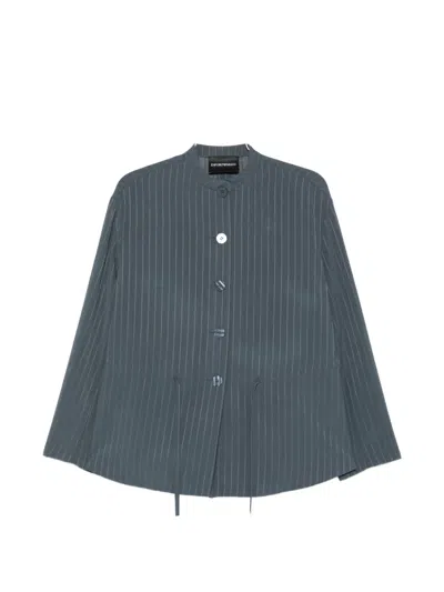 Emporio Armani Pinstripe Jacket Mandarin Collar Drawstring Detail In Blue
