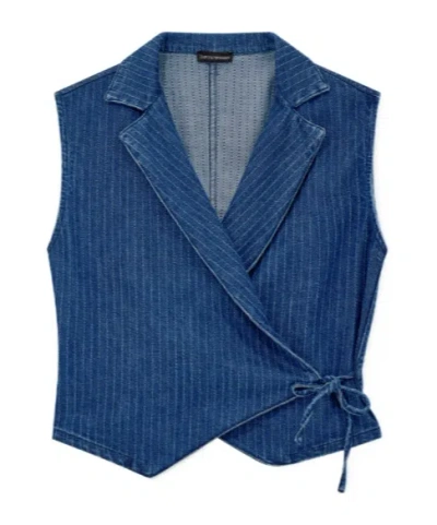 Emporio Armani Pinstriped Denim Wrap Waistcoat With Lapels And A Side Tie In Blue