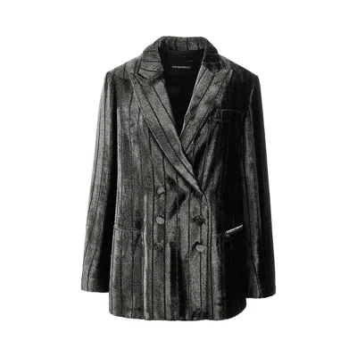 Emporio Armani Pinstriped Velvet Double-breasted Jacket In Black