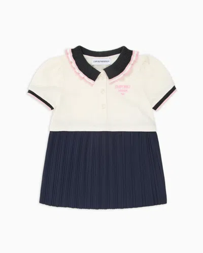 Emporio Armani Kids' Piqué Dress With Polo-shirt Collar And Pleated Skirt In Two-tone