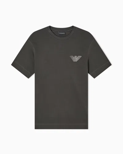 Emporio Armani Piqué Jersey T-shirt With Eagle Patch In Gray