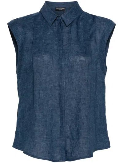 Emporio Armani Pleat-detailing Chambray Shirt In Blue