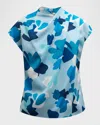 Emporio Armani Pleated Cap-sleeve Abstract-print Blouse In Light Blue