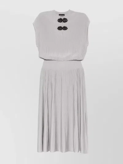 Emporio Armani Pleated Cap Sleeve Dress With Embellished Detail In Light Grey