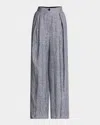 Emporio Armani Pleated Wide-leg Linen Chambray Trousers In Denim Blue