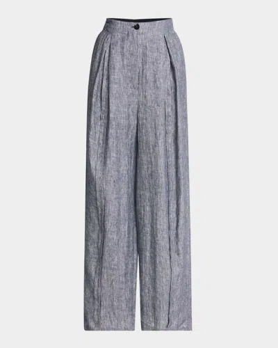 Emporio Armani Pleated Wide-leg Linen Chambray Trousers In Grey