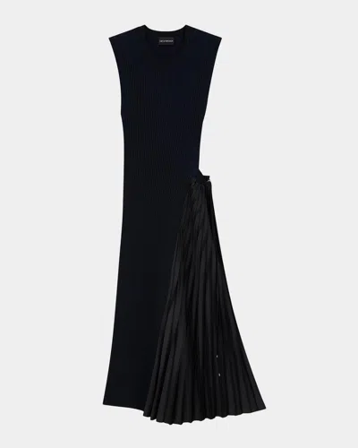 Emporio Armani Pleated-inset Rib Knit Midi Dress In Solid Blac