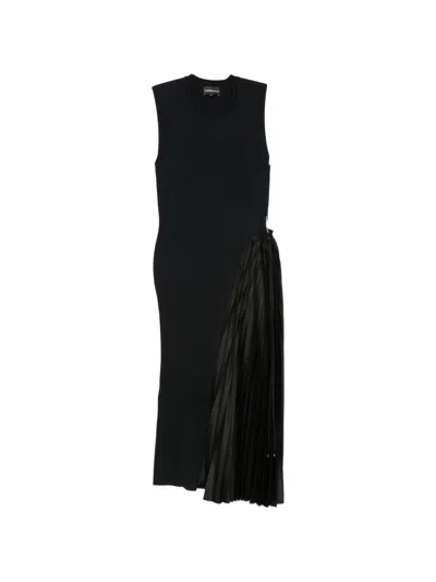 Emporio Armani Pleated-panel Ribbed-knit Midi Dress In Black