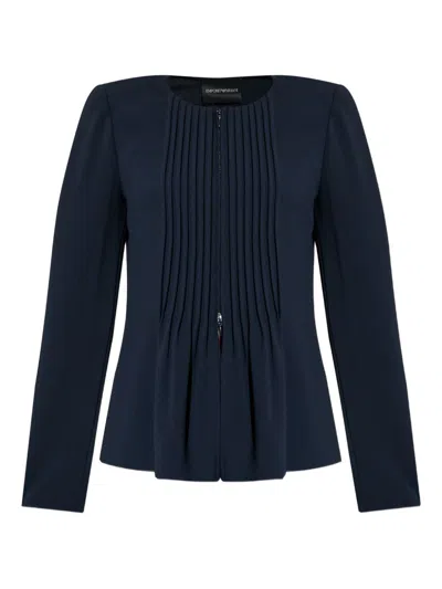Emporio Armani Pleated Round Neck Long Sleeves Blazer In Navy
