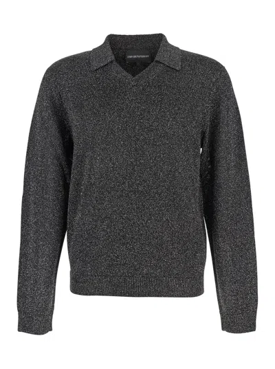EMPORIO ARMANI BLACK POLO SHIRT WITH CLASSIC COLLAR AND LUREX FINISH IN TECH FABRIC MAN