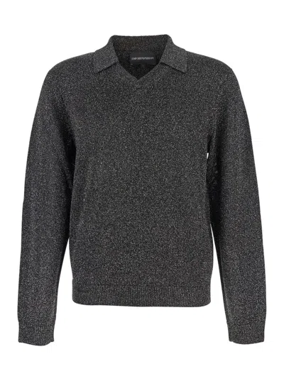 Emporio Armani Polo-neck Lurex Sweater In Black