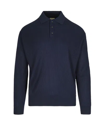 Emporio Armani Textured Knit Blue Polo With Classic Button Placket