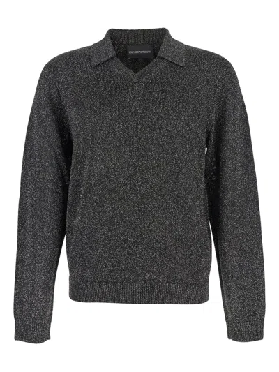 Emporio Armani Black Polo Shirt With Classic Collar And Lurex Finish In Tech Fabric Man