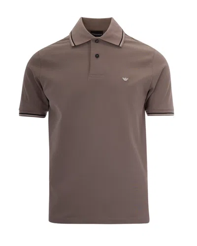 Emporio Armani Polo Piquet Micro Eagle Mourning Dove In Brown