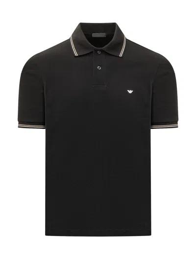 Emporio Armani Polo With Striped Collar And Contrast Cut Sleeves In Black