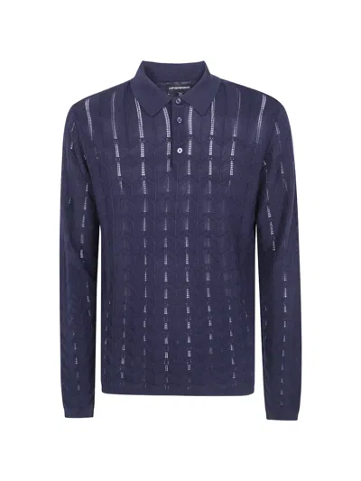 Emporio Armani Polo-collar Sweater In Textured Knit Signature Capsule In Blue