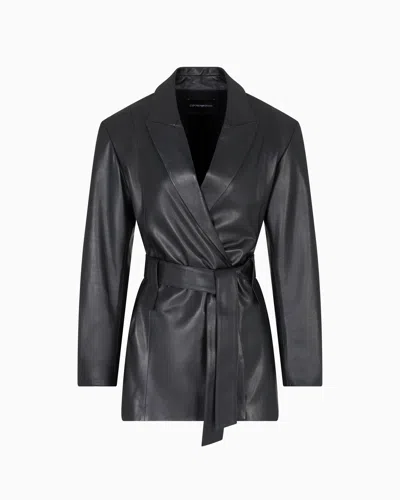 Emporio Armani Polygon Capsule Collection Lambskin Nappa Leather Jacket With Belt In Black