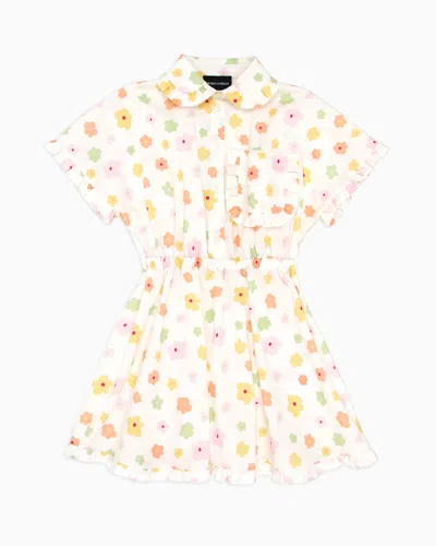 Emporio Armani Kids' Poplin Dress With Elasticated Waist And All-over Print In Multicoloured